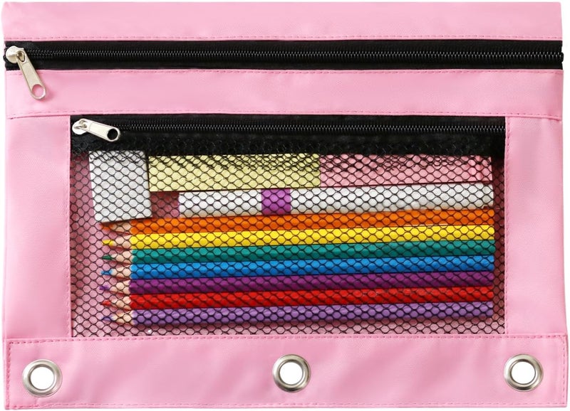 INNOIO 3 Ring Binder Pencil Pouch - School Pencil Case with 2 Zippered Pockets, Clear Mesh Window Pencil Bag, B5 Size, Back to School Gifts (Pink) - Image 1